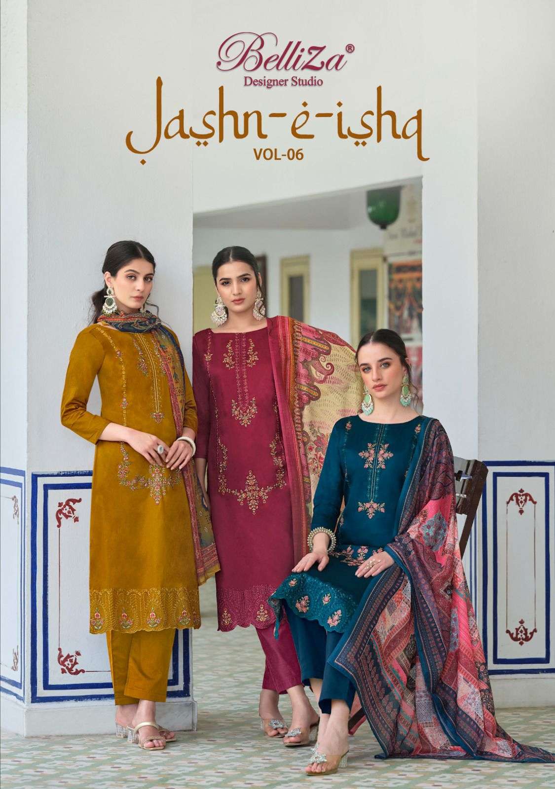 JASHN-E-ISHQ VOL 6 BY BELLIZA  909-001 TO 909-006 SERIES COTTON EMBROIDERY DRESSES