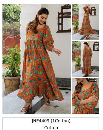 JNE-4409 HIT DESIGN BY EXE FASHION DESIGNER FACNY COTTON PRINTED GOWNS