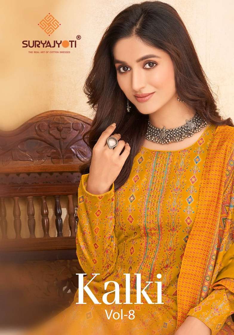 KALKI VOL-08 BY SURYAJYOTI 8001 TO 8008 SERIES JAM SATIN COTTON PRINT DRESSES