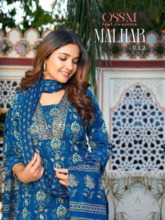 MALHAR VOL-02 BY OSSM 101 TO 106 SERIES COTTON PRINT EMBROIDERED STITCHED DRESSES