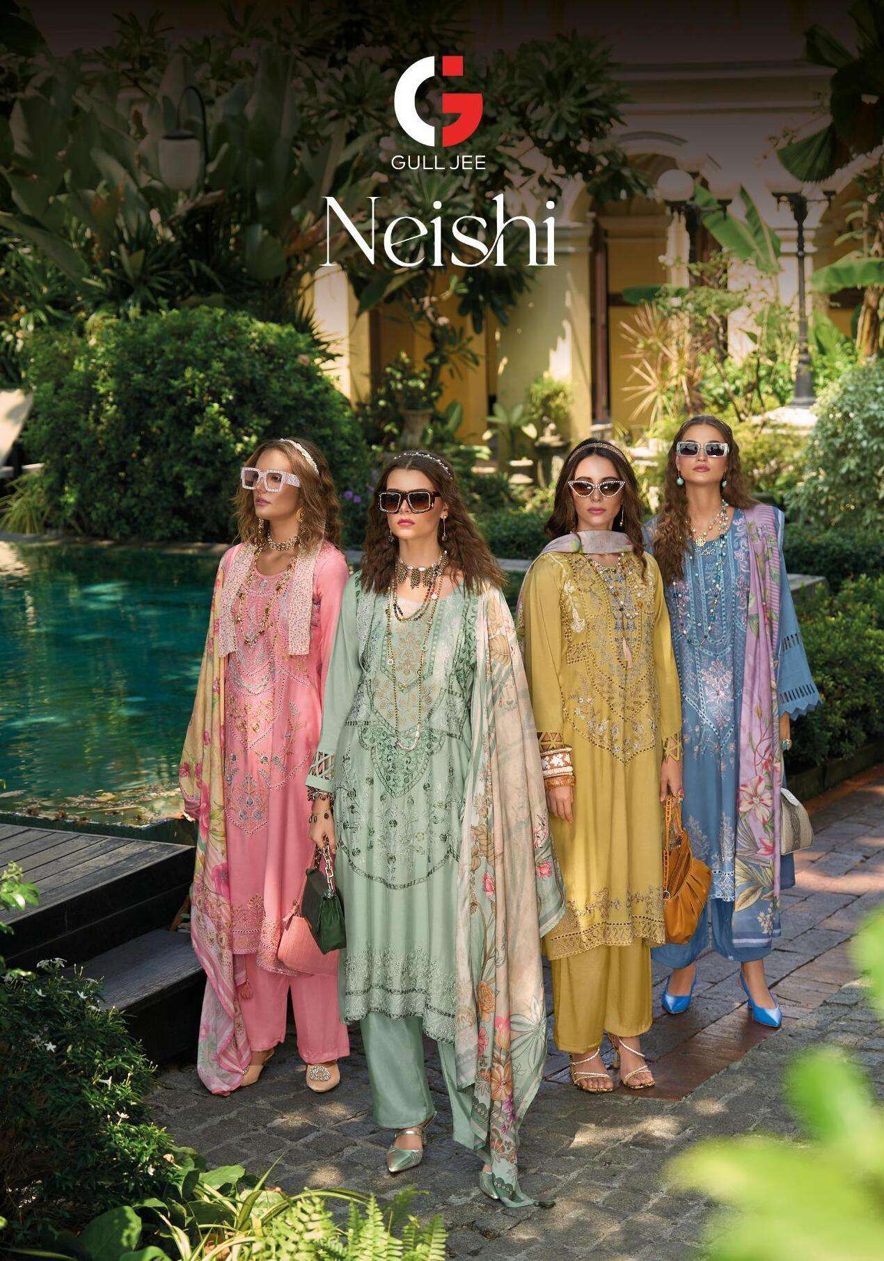 NEISHI BY GULL JEE 1001 TO 1006 SERIES PURE MUSLIN SILK EMBROIDERY DRESSES