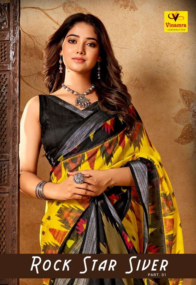 ROCKSTAR SILVER BY VINAMRA DESIGNER SOFT LINEN COTTON PRINTED SAREES