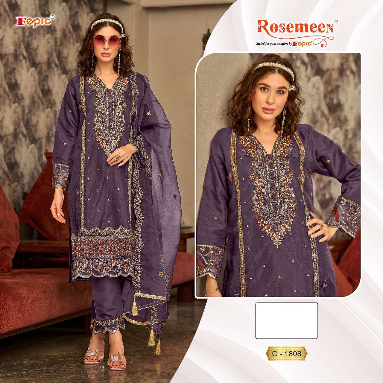 ROSEMEEN C-1808 COLOURS BY FEPIC DESIGNER ORGANZA EMBROIDERED PAKISTANI DRESSES
