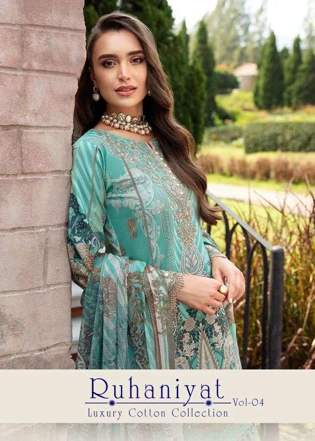 RUHANIYAT VOL-04 BY ASLIWHOLESALE 1001 TO 1006 SERIES COTTON EMBROIDERY DRESSES