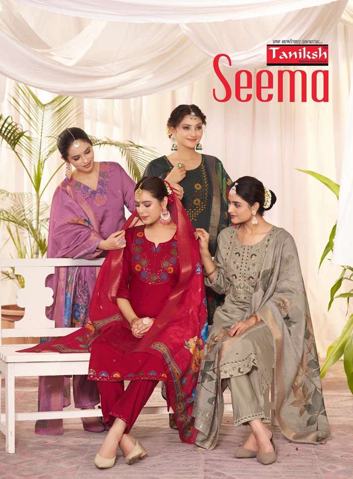 SEEMA BY TANIKSH 1001 TO 1008 SERIES DESIGNER ROMAN SILK STITCHED DRESSES