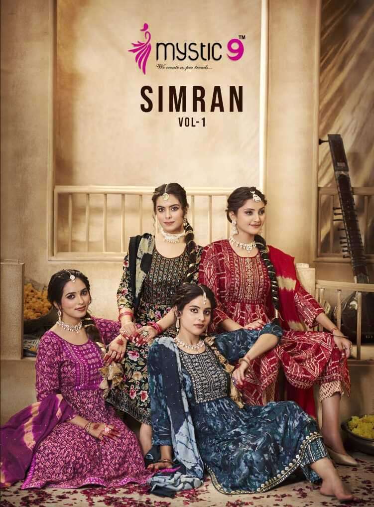 SIMRAN VOL-01 BY MYSTIC 9 1001 TO 1008 SERIES RAYON FOIL EMBROIDERY DRESSES 