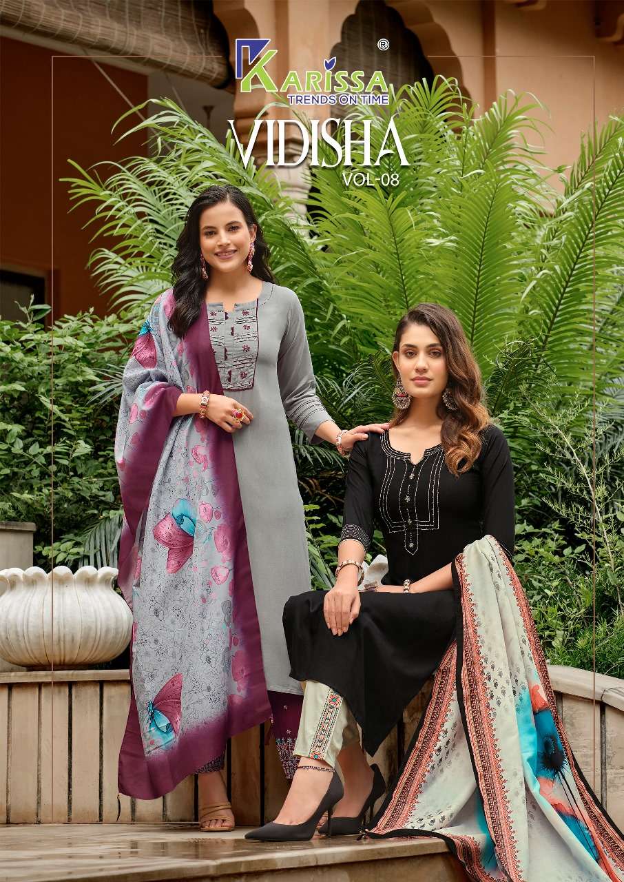 VIDISHA VOL-8 BY KARISSA 8001 TO 8006 SERIES RAYON WORK STITCHED DRESSES