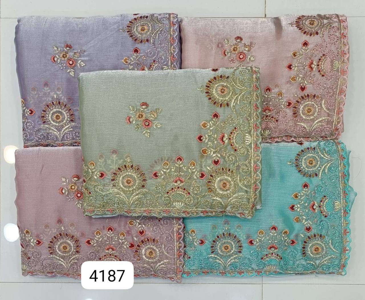 4187 COLOUR BY ASLIWHOLESALE DESIGNER SOFT FANCY BURBURY WORK SAREES