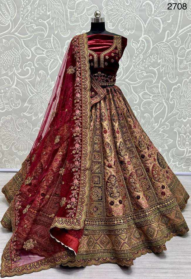 A-2708 COLOUR BY ASLIWHOLESALE HEAVY DESIGNER VELVET BRIDAL LEHENGAS