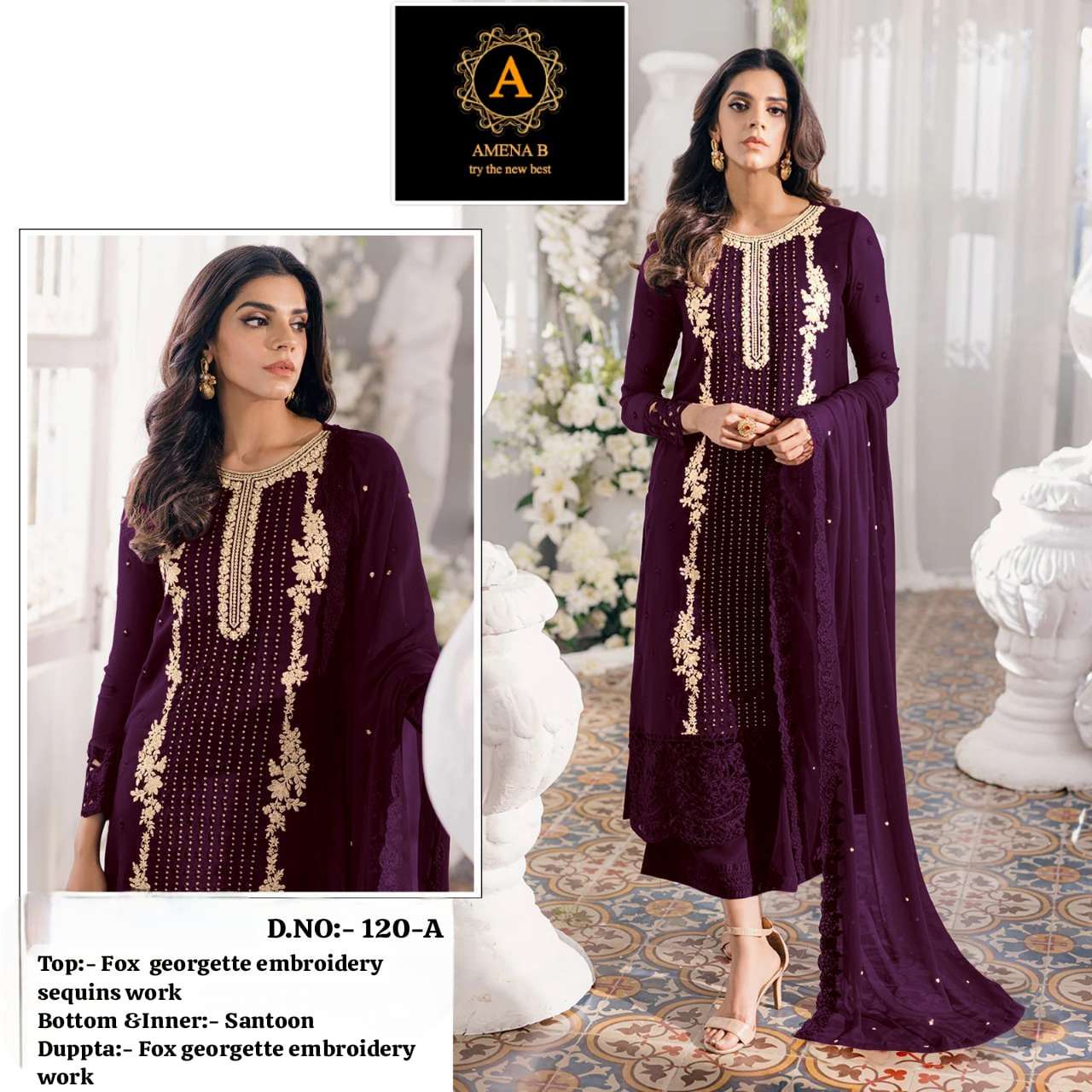 AMENA.B D-120 BY ASLIWHOLESALE DESIGNER GEORGETTE WORK PAKISTANI DRESS