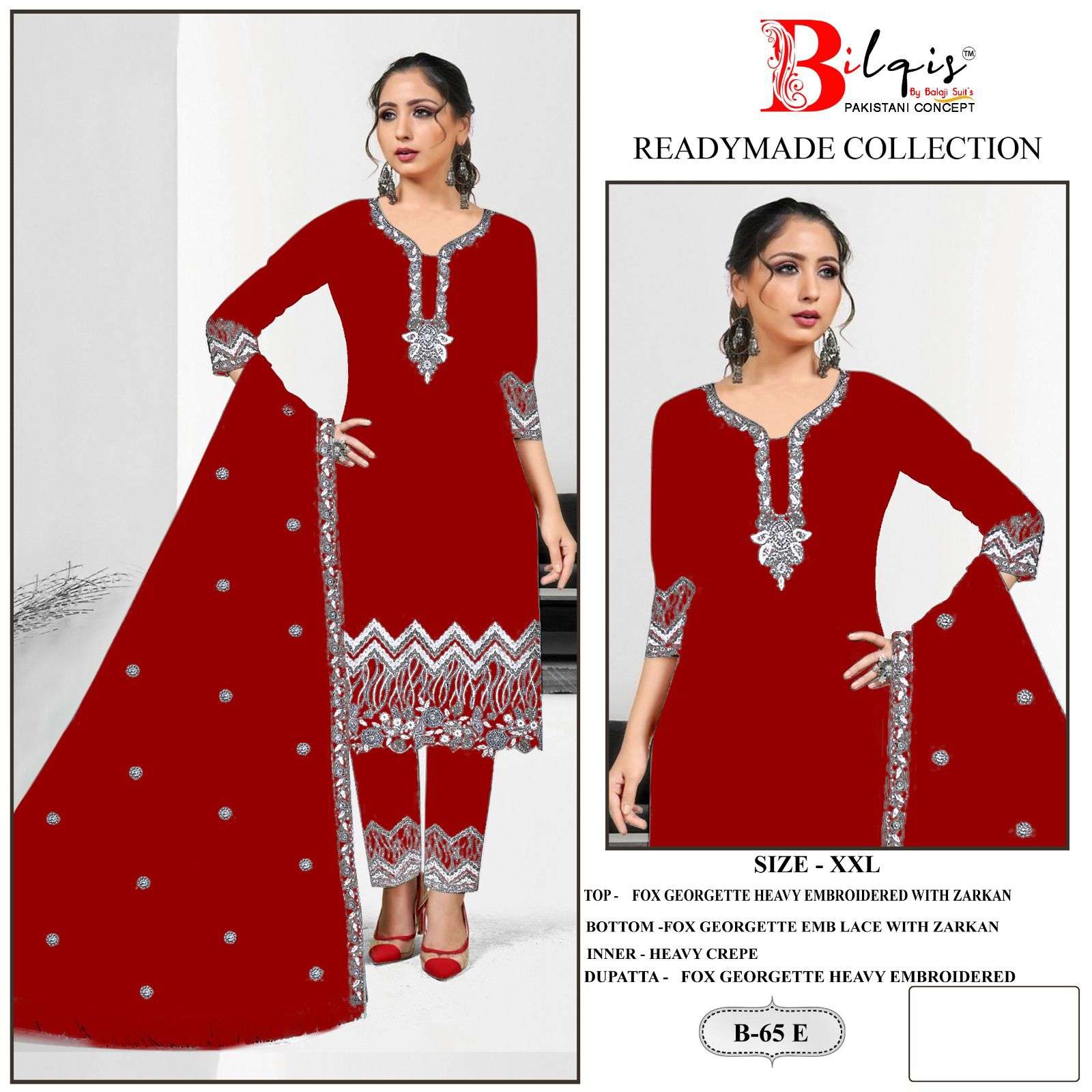 B-65 COLOURS BY BILQIS 65-E TO 65-H SERIES FAUX GEORGETTE EMBROIDERED PAKISTANI DRESSES