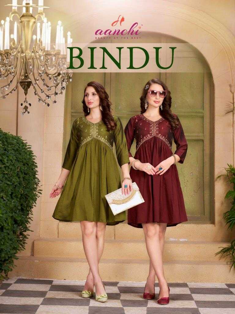 BINDU BY AANCHI 1001 TO 1005 SERIES FANCY RANGEELA SILK PRINT KURTIS