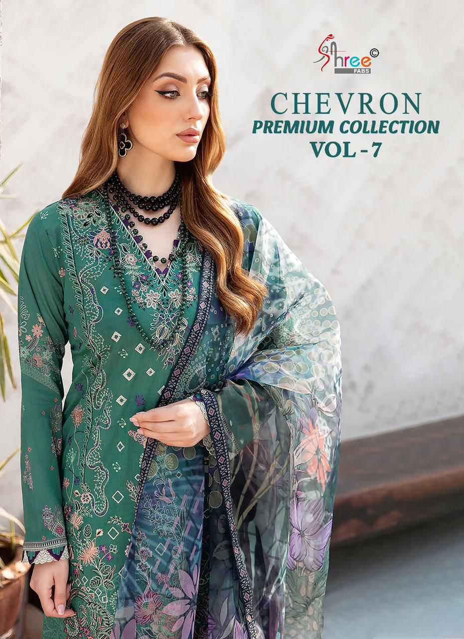 CHEVRON PREMIUM COLLECTION VOL-07 BY SHREE FABS 3569 TO 3575 SERIES COTTON PAKISTANI DRESSES