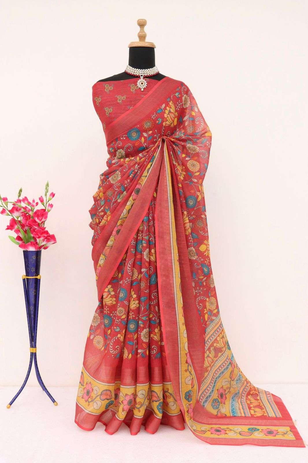 DF-152 KALAMKARI BY ASLIWHOLESALE SOFT LINEN DIGITAL PRINTED SAREES