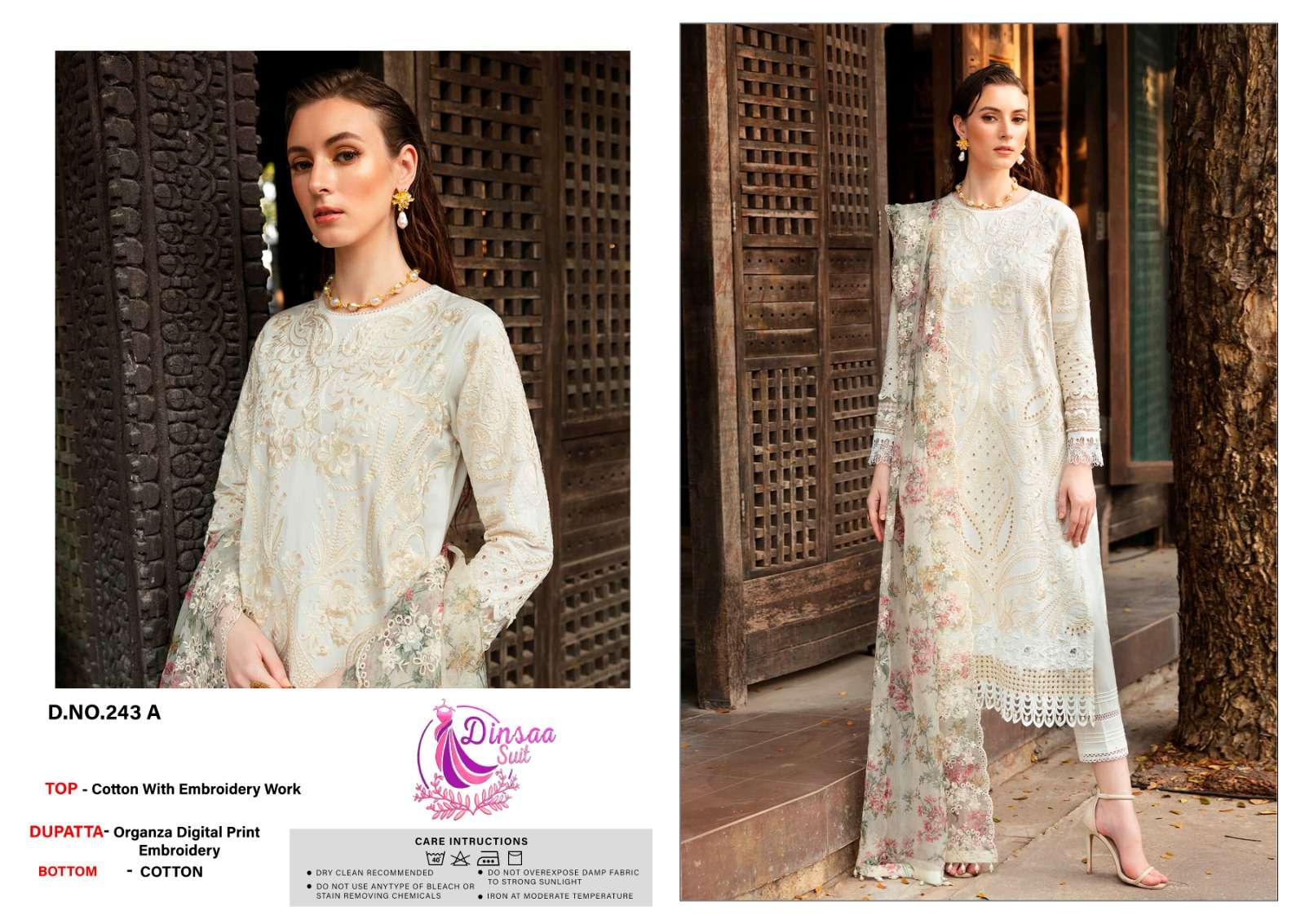 DS-243 COLOURS BY DINSAA SUIT DESIGNER COTTON HEAVY EMBROIDERY DRESSES