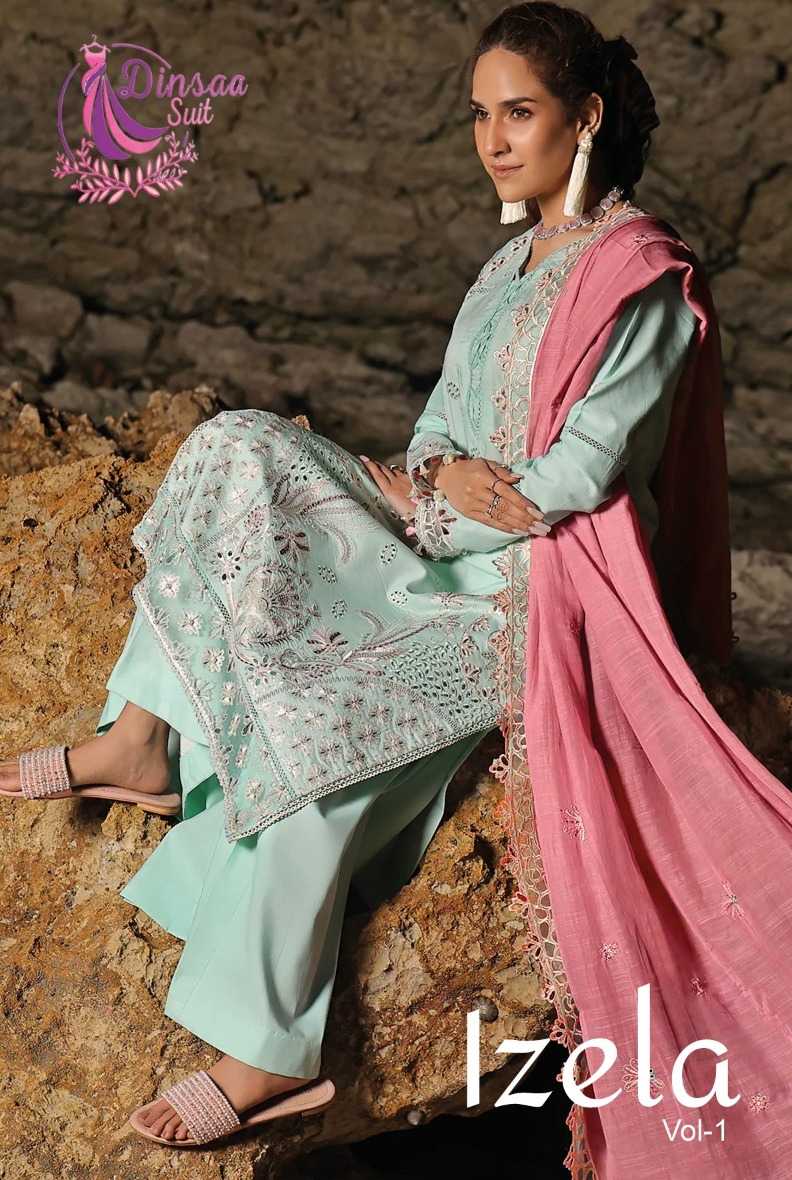 IZELA VOL-01 BY DINSAA SUIT DESIGNER COTTON HEAVY SELF EMBROIDERY DRESSES