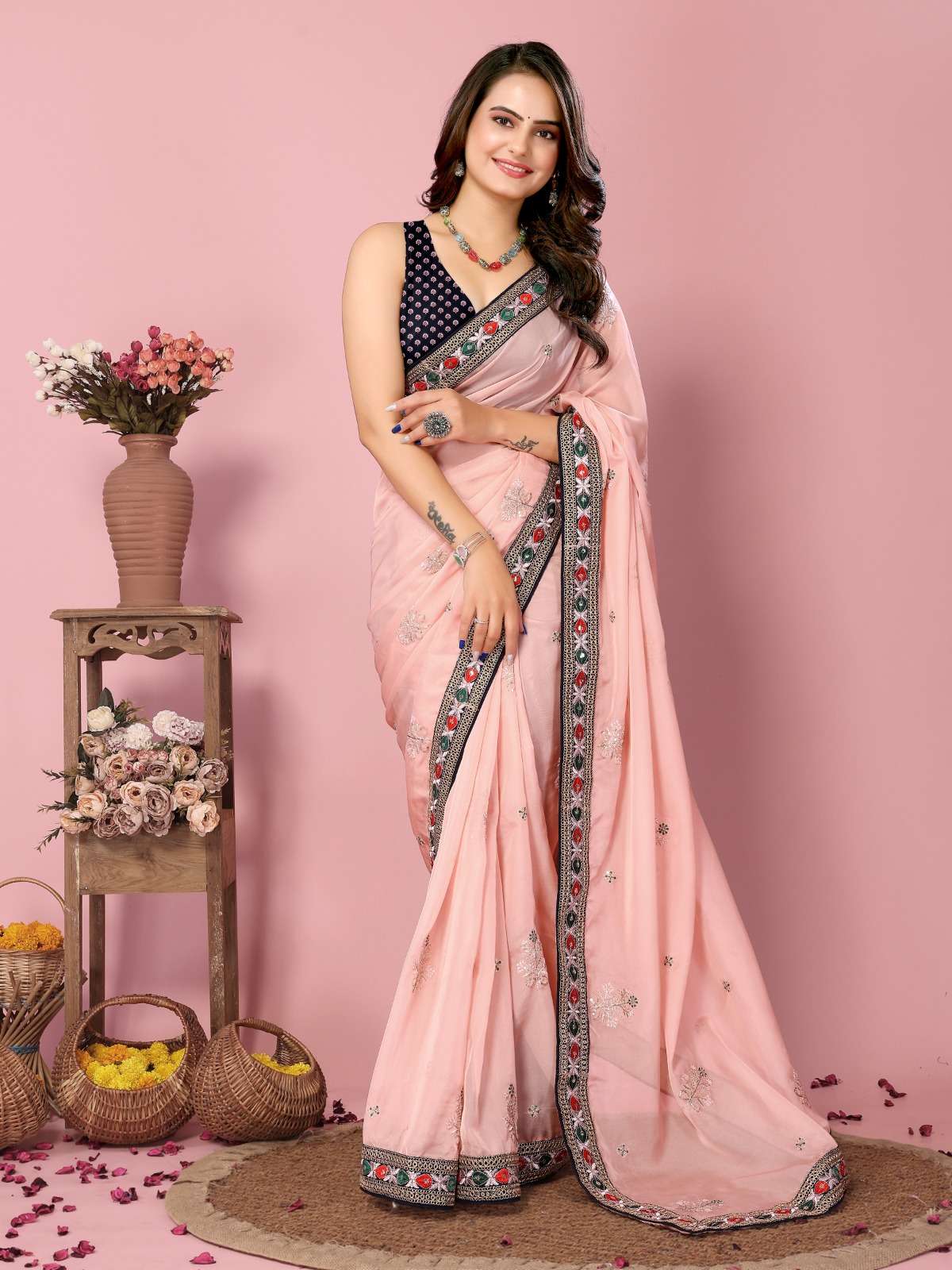 KINJAL BY ASLIWHOLESALE DESIGNER SOFT ORGANZA BORDER WORK SAREES