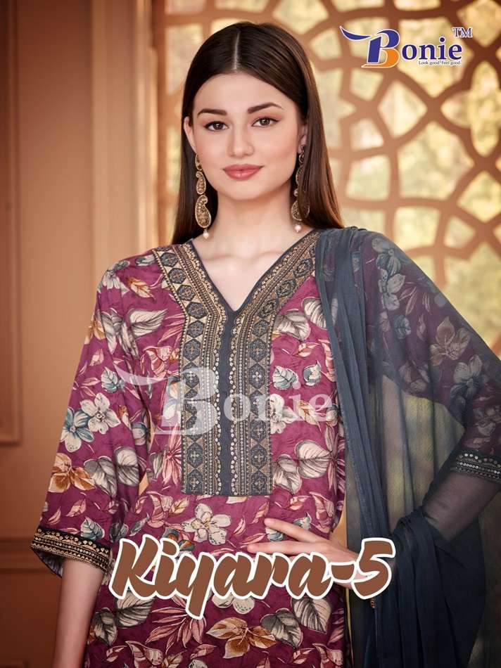 KIYARA VOL-5 BY BONIE 5001 TO 5006 SERIES RAYON WORK STITCHED DRESSES