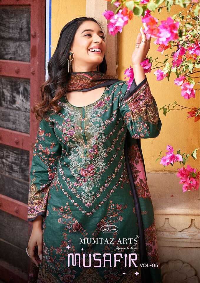 MUSAFIR VOL-05  BY MUMTAZ ARTS 3201 TO 3208 SERIES LAWN SATIN PRINT EMBROIDERY DRESSES