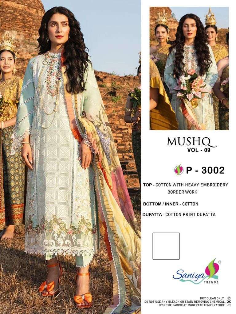 MUSHQ 3002 BY SANIYA TRENDZ COTTON WITH EMBROIDERED PAKISTANI DRESSES