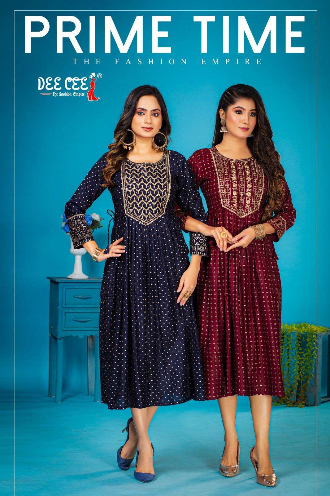 PRIME TIME BY DEE CEE 1001 TO 1006 SERIES DESIGNER CHANDERI PRINT KURTIS