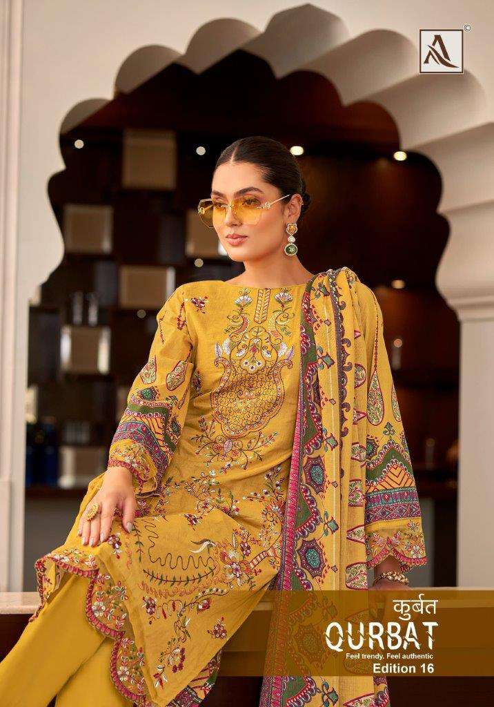 QURBAT VOL-16 BY ALOK SUIT 1543-001 TO 1543-006 SERIES COTTON PAKISTANI DRESSES