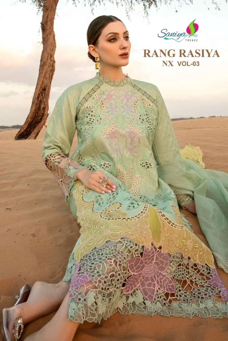 RANG RASIYA NX VOL-03 BY SANIYA TRENDZ COTTON WITH EMBROIDERED PAKISTANI DRESSES