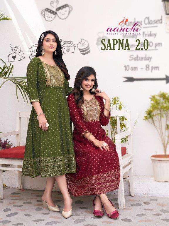 SAPNA VOL-2 BY AANCHI 1001 TO 1005 SERIES FANCY RANGEELA SILK PRINT KURTIS