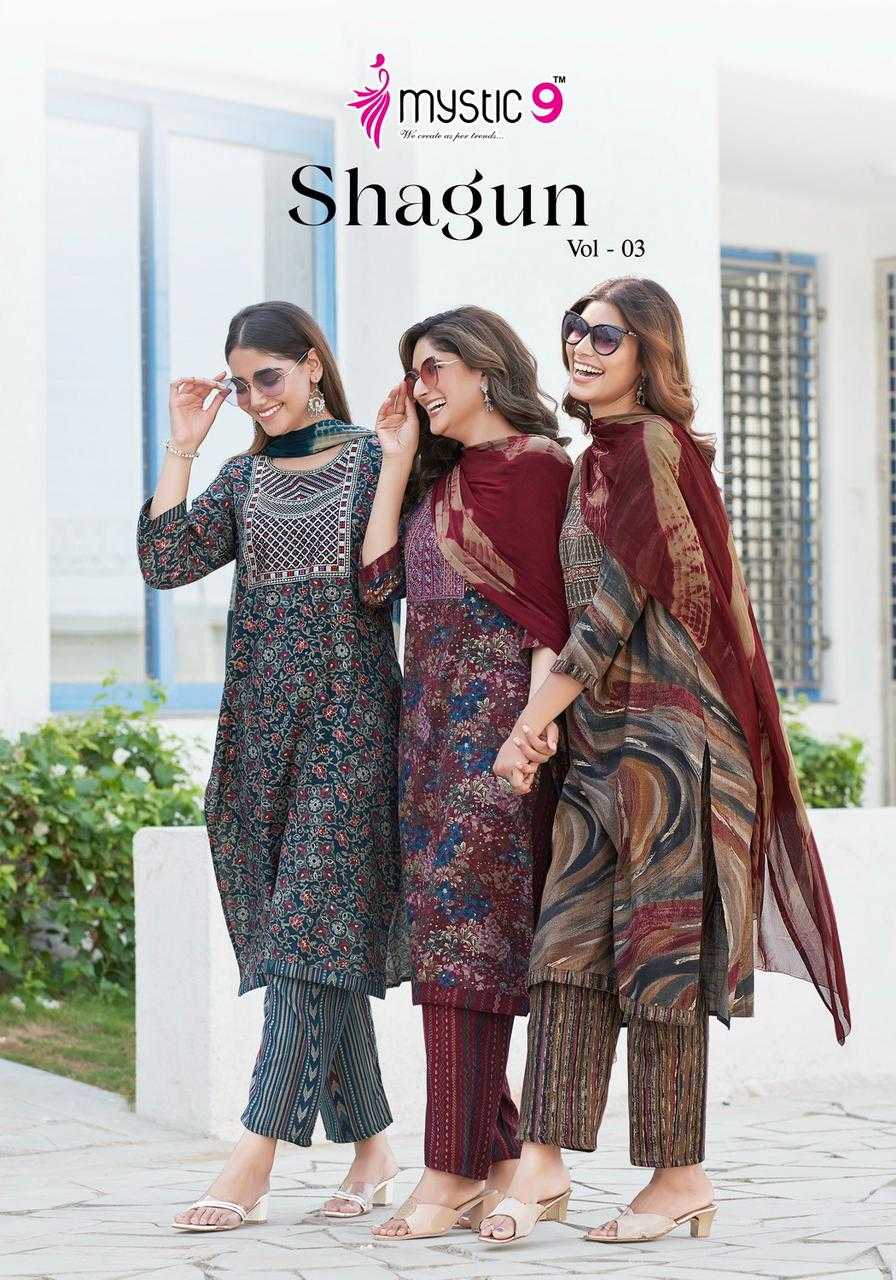 SHAGUN VOL-03 BY MYSTIC 9 3001 TO 3008 SERIES FANCY RAYON FOIL PRINT DRESSES