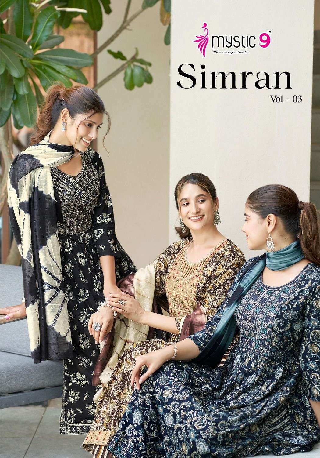 SIMRAN VOL-03 BY MYSTIC 9 1001 TO 1008 SERIES RAYON FOIL EMBROIDERY DRESSES 