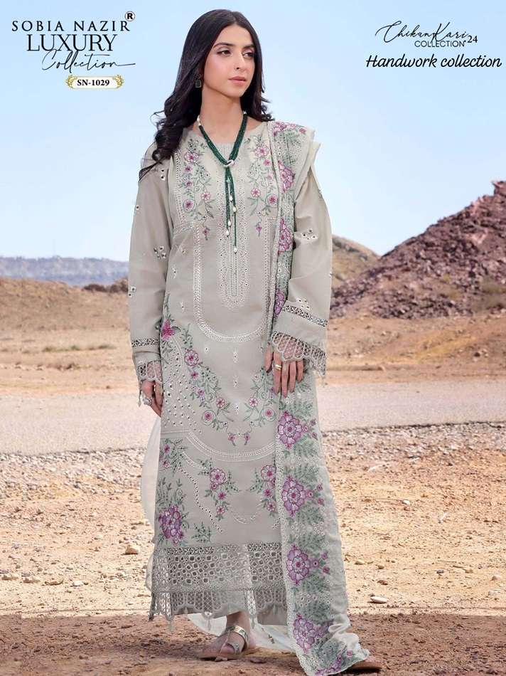 SOBIA NAZIR SN-1029 BY ASLIWHOLESALE LAWN COTTON CHIKANKARI PAKISTANI DRESSES