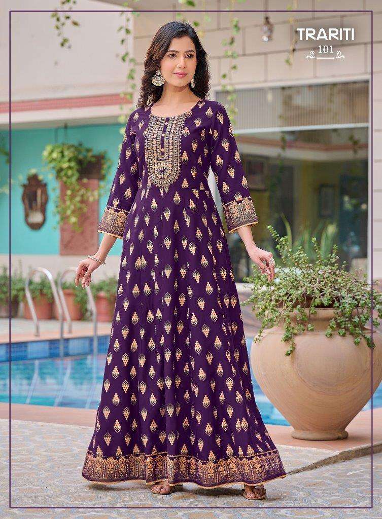 TRARITI BY ASLIWHOLESALE DESIGNER FACNY PURE RAYON PRINTED GOWNS