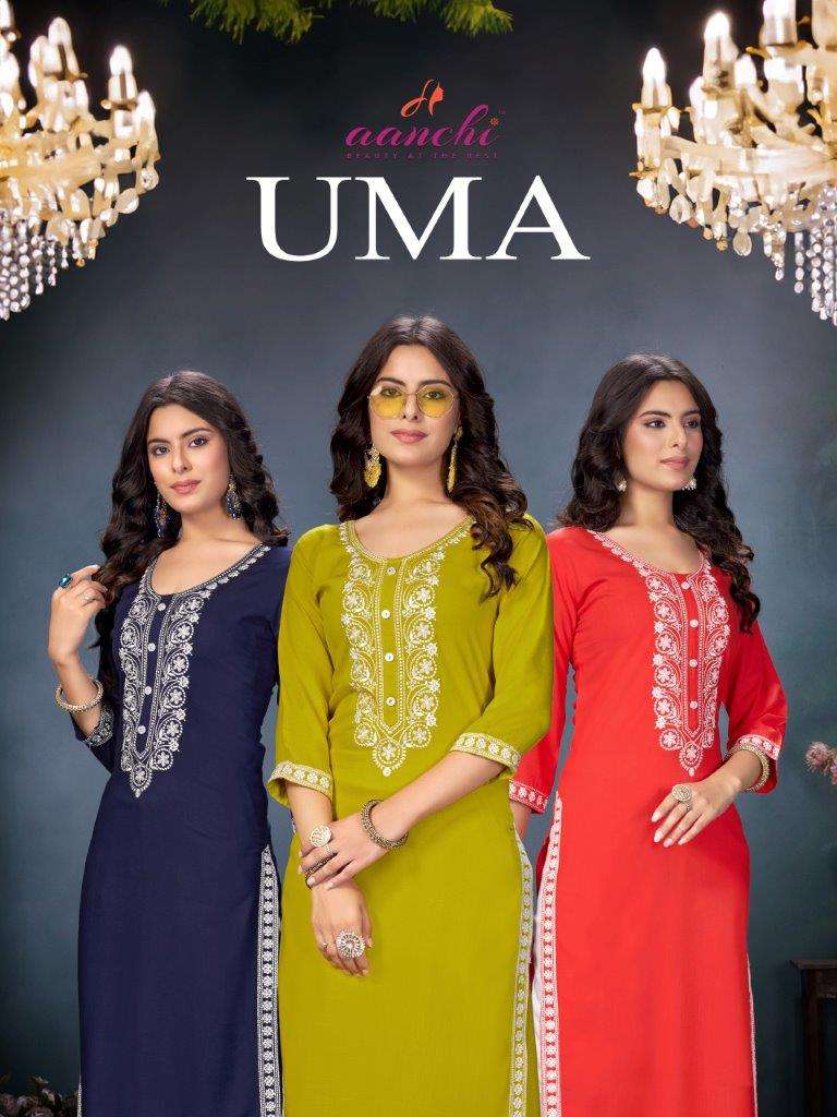 UMA BY AANCHI 1001 TO 1006 SERIES FANCY RAYON SLUB PRINT KURTIS