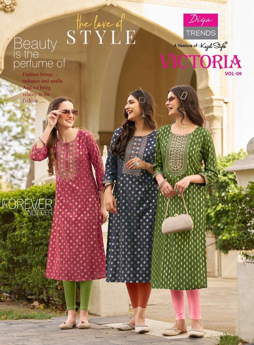 VICTORIA VOL-9 BY DIYA TRENDS 9001 TO 9012 SERIES RAYON PRINT KURTIS