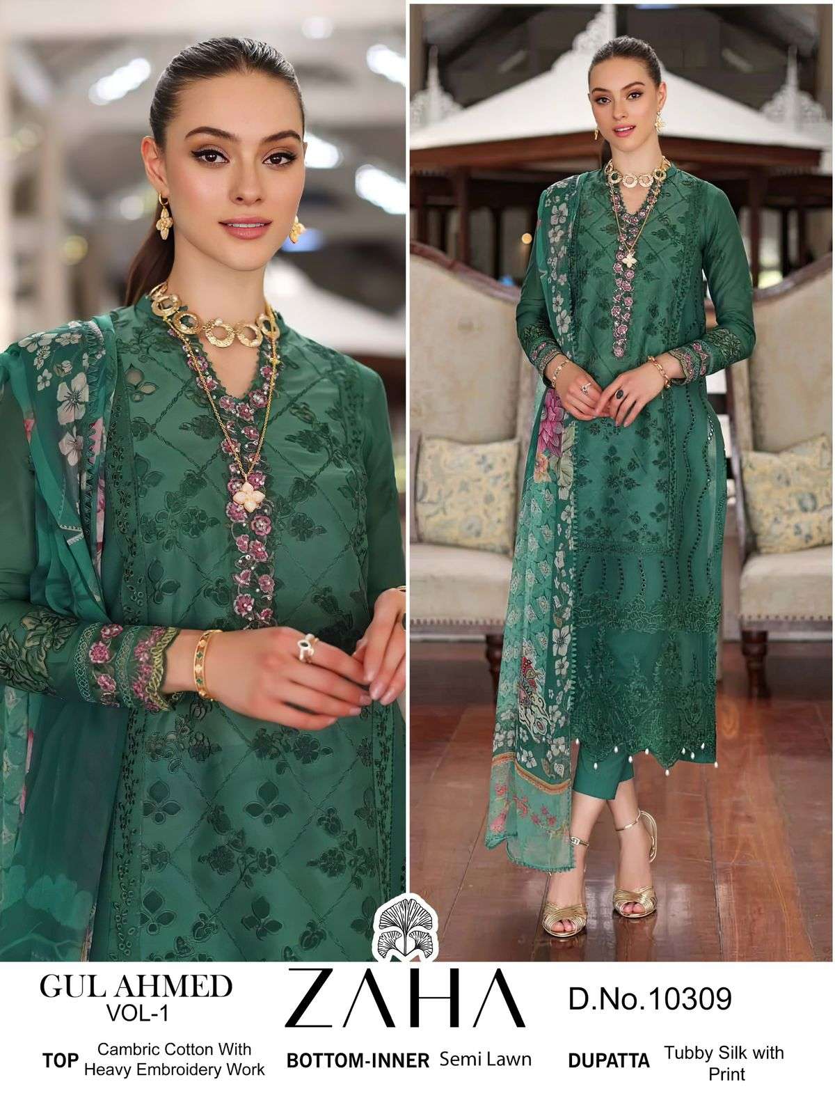 ZAHA 10309 BY ZAHA DESIGNER CAMBRIC COTTON EMBROIDERED PAKISTANI DRESS