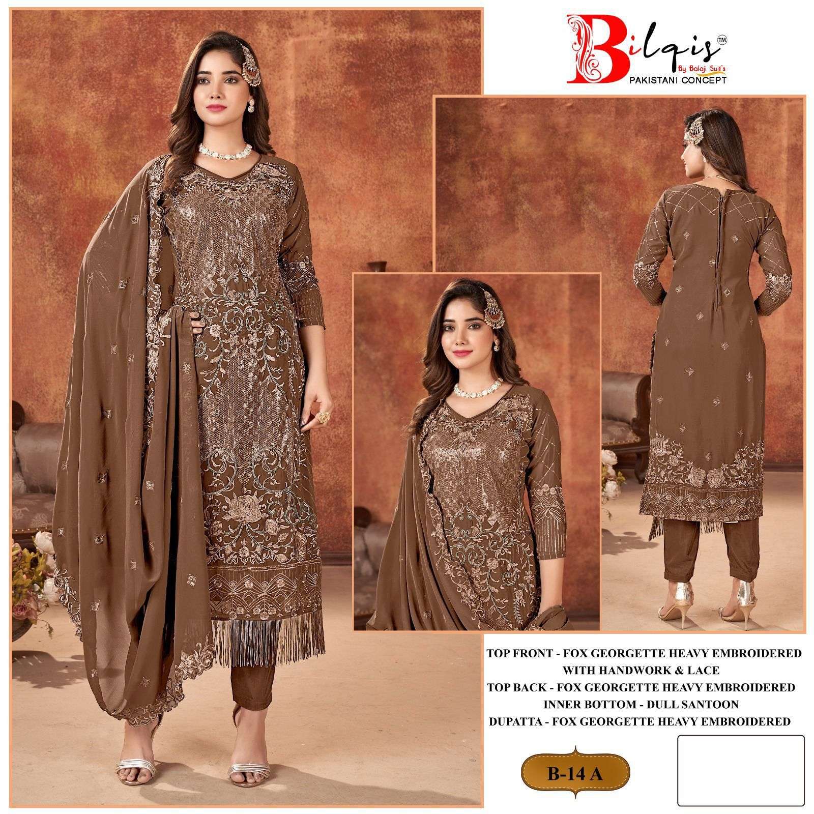 B-14 COLOURS BY BILQIS 14-A TO 14-D FAUX GEORGETTE EMBROIDERED PAKISTANI DRESSES