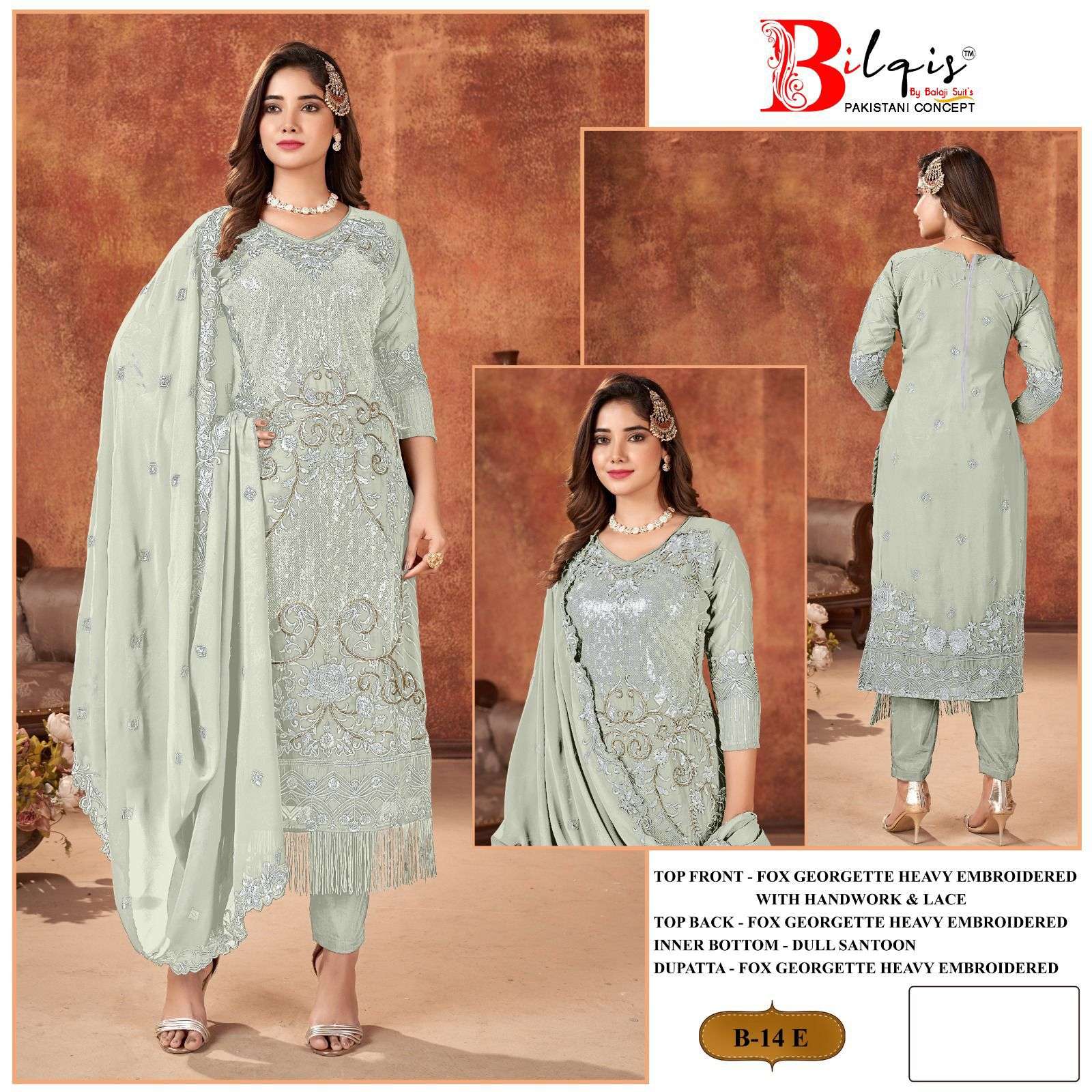 B-14 COLOURS BY BILQIS 14-E TO 14-H FAUX GEORGETTE EMBROIDERED PAKISTANI DRESSES