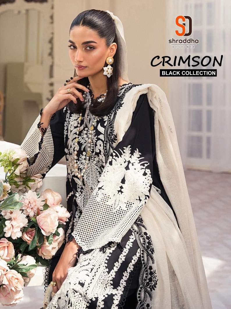 CRIMSON BLACK BY SHRADDHA DESIGNER LAWN COTTON PRINTED HEAVY EMBROIDERY DRESSES