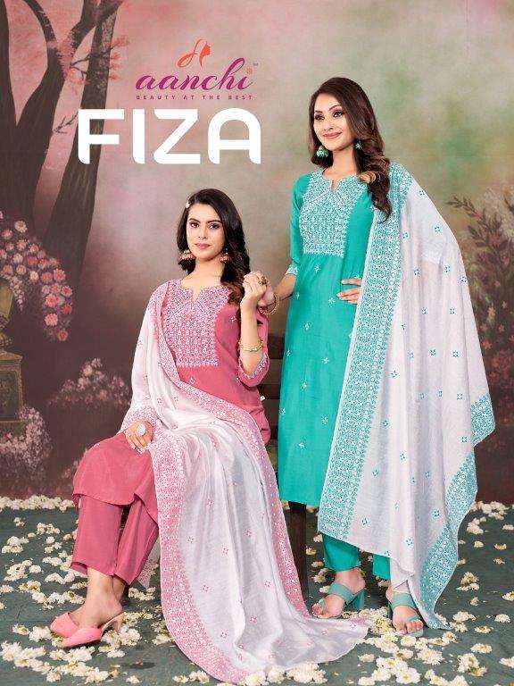 FIZA BY AANCHI 1001 TO 1006 SERIES LIVA ROMAN SILK EMBROIDERY DRESSES