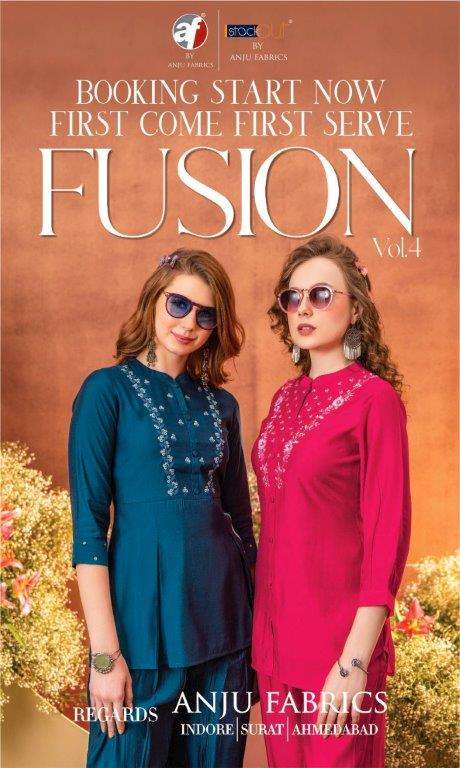 FUSION VOL-4 BY ANJU FABRICS 3301 TO 3306 SERIES VISCOSE STITCHED KURTIS AND AFGHANI