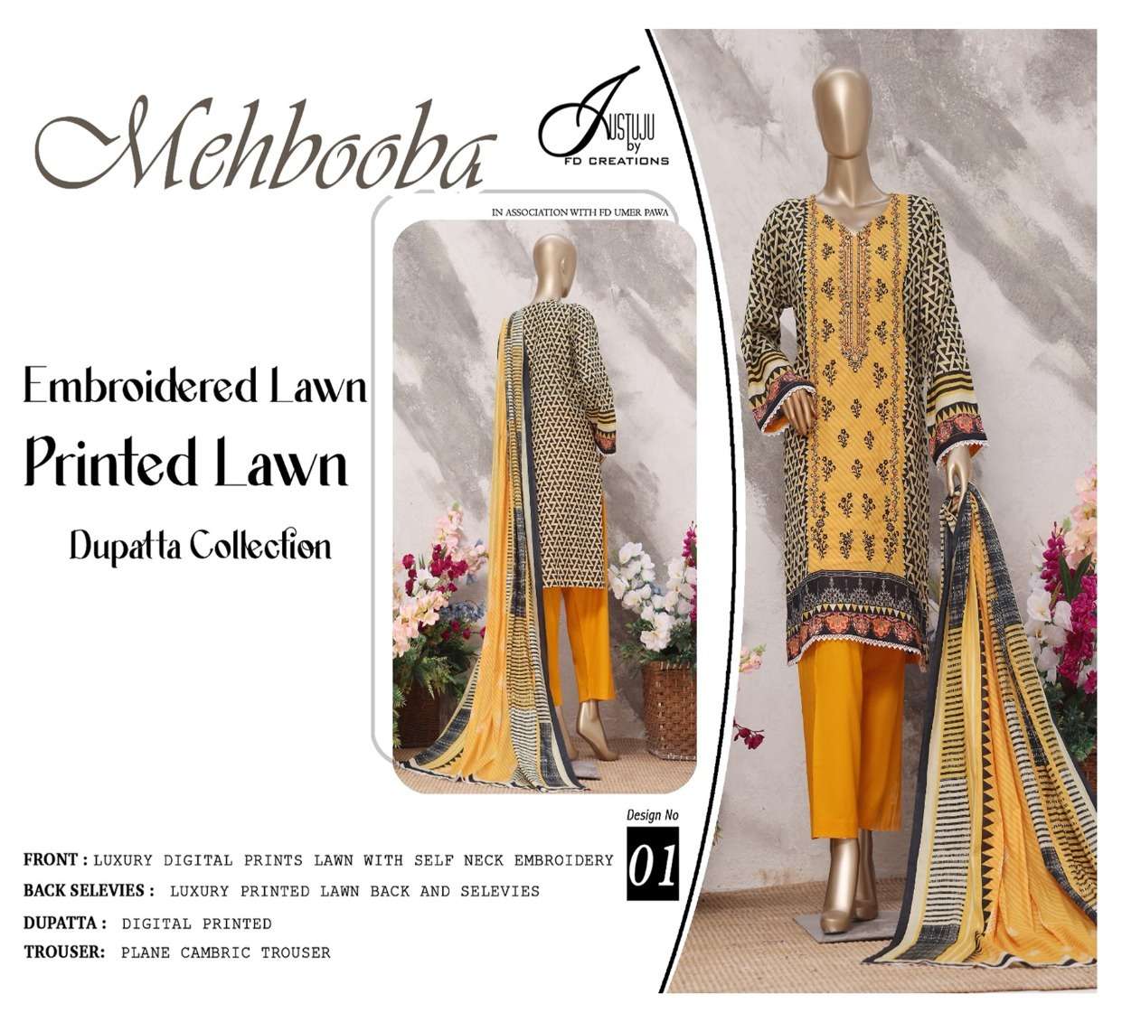 JUSTUJU MEHBOOBA BY ASLIWHOLESALE DESIGNER LAWN COTTON PRINTED DRESSES