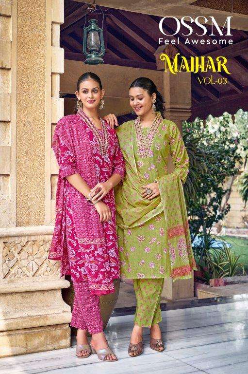 MALHAR VOL-03 BY OSSM 101 TO 106 SERIES COTTON PRINT EMBROIDERED STITCHED DRESSES