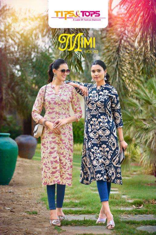 MIMI VOL-02 BY TIPS & TOPS 101 TO 106 SERIES RAYON FANCY PRINTED KURTIS
