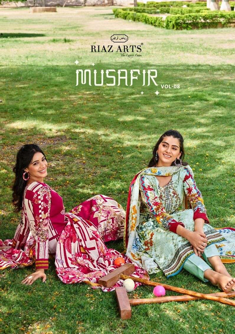 MUSAFIR VOL-08  BY MUMTAZ ARTS 3501 TO 3506 SERIES LAWN SATIN PRINT EMBROIDERY DRESSES