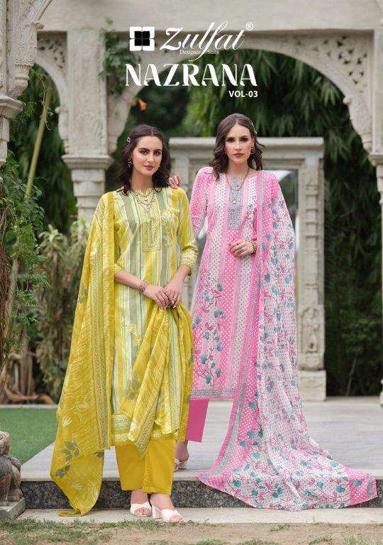 NAZRANA VOL-03 BY ZULFAT 557-001 TO 557-008 SERIES DESIGNER COTTON PRINT DRESSES