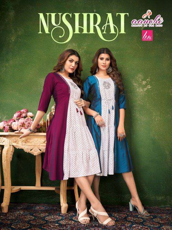 NUSHRAT BY AANCHI 1001 TO 1005 SERIESREYON WITH RANGEELA SILK PRINT DRESSES