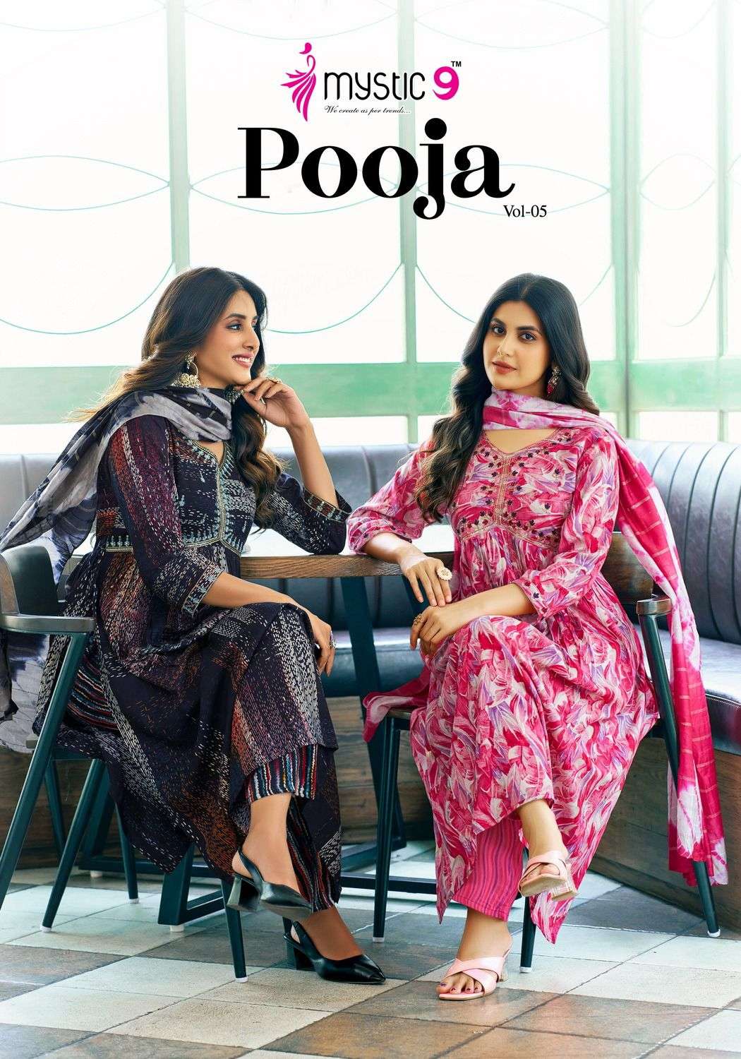 POOJA VOL-05 BY MYSTIC 9 5001 TO 5008 SERIES FANCY FOIL EMBROIDERY DRESSES 