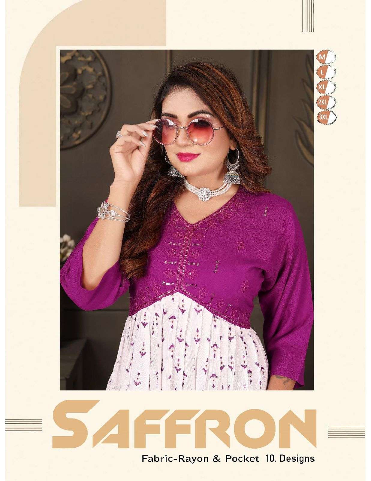 SAFFRON BY ASLIWHOLESALE 101 TO 110 SERIES DESIGNER FACNY RAYON PRINT KURTIS