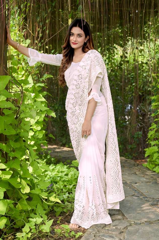 WHITE TONE 3 BY ASLIWHOLESALE DESIGNER SOFT GEORGETTE THREAD WORK SAREES