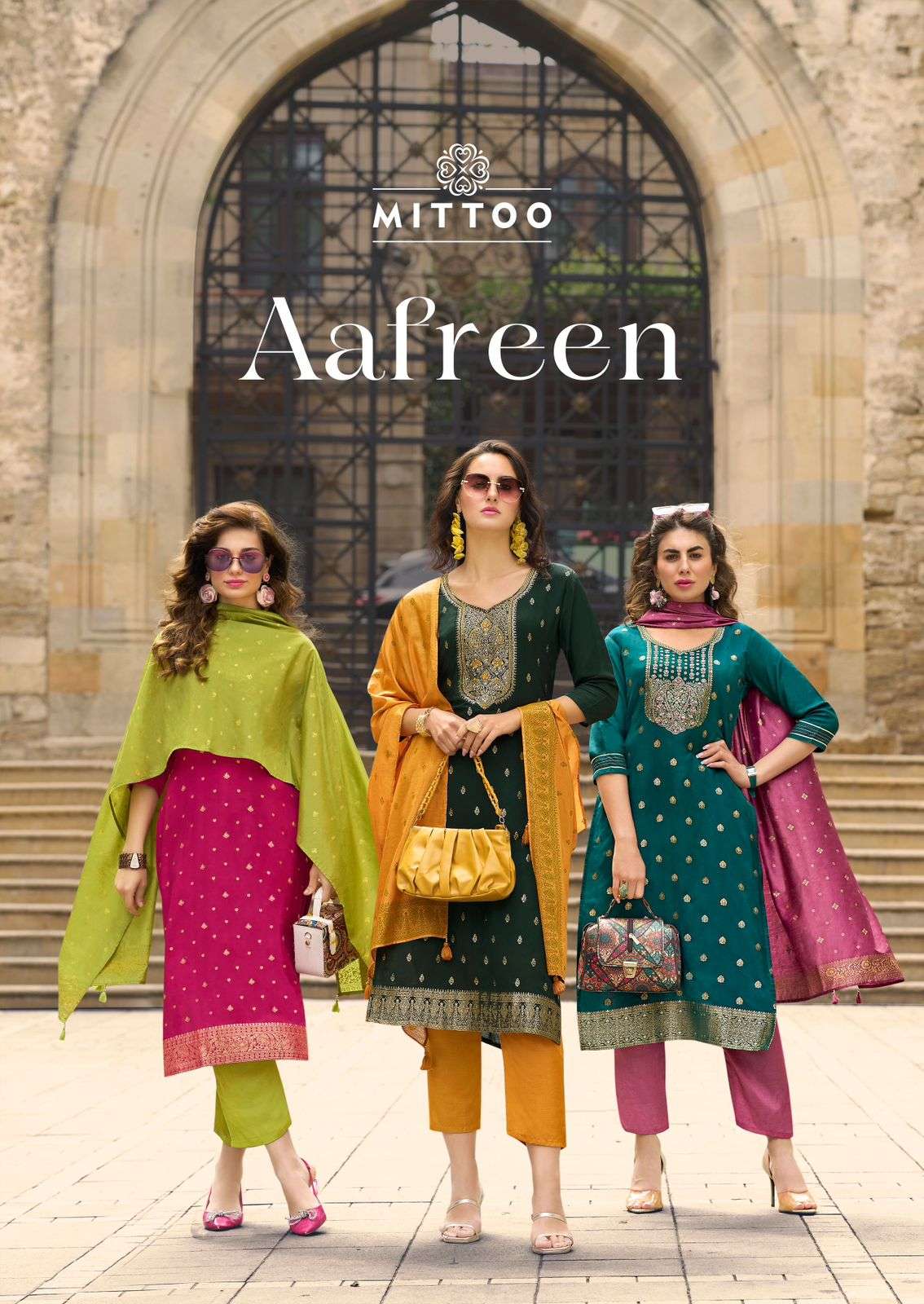 AFREEN BY MITTOO 1001 TO 1006 SERIES FANCY MUSLIN JACQUARD PRINTED DRESSES